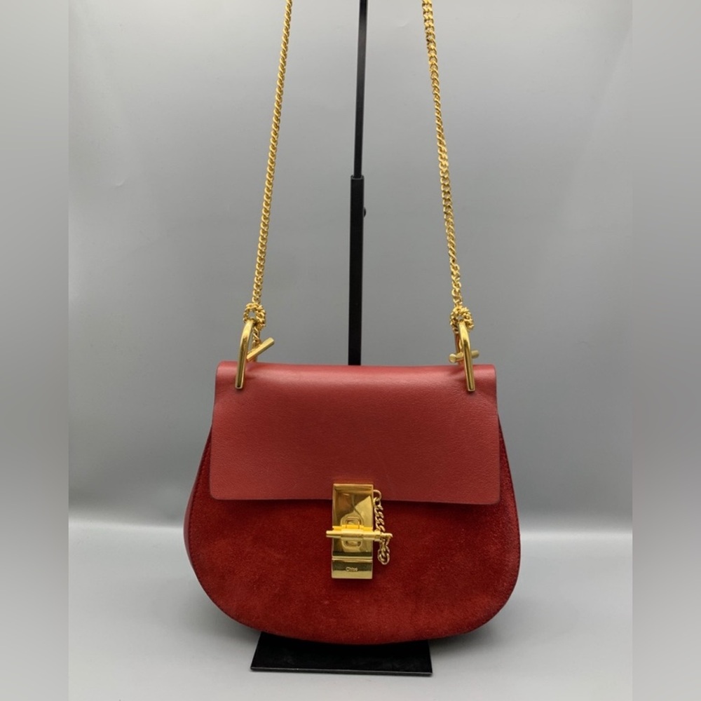 Chloe Leather Drew Shoulder Bag in Red with Gold Chain